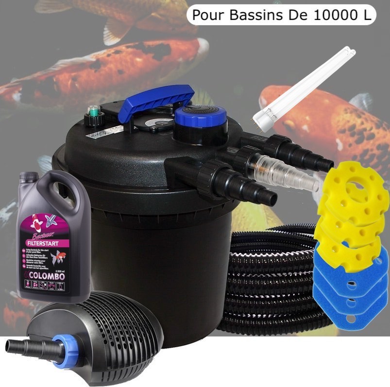 Kit Filtre Pression, 11W,Bassins De 10000 L + Éponges, UV et bactéries de rechange, Pompe 6000 L/h