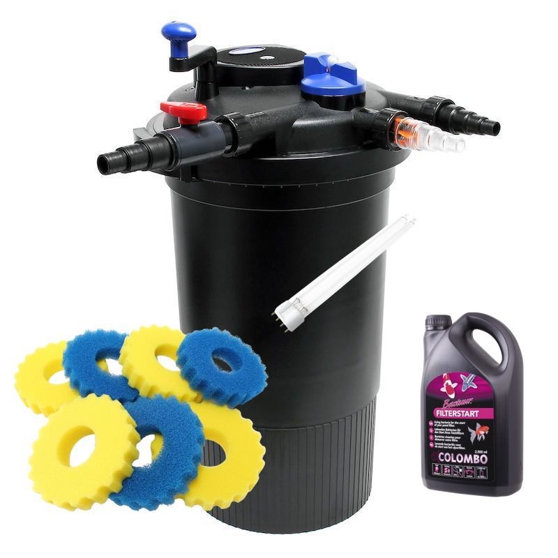 Filtre Bassin Sous Pression, + ampoule, mousses et bactéries rechange UV 18W, Max 30000l sans poissons