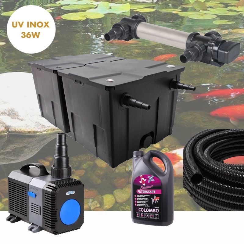Kit De Filtration Avec UV 36W INOX + Bactéries 2500 ml Pour Bassin De Jardin De 30m3