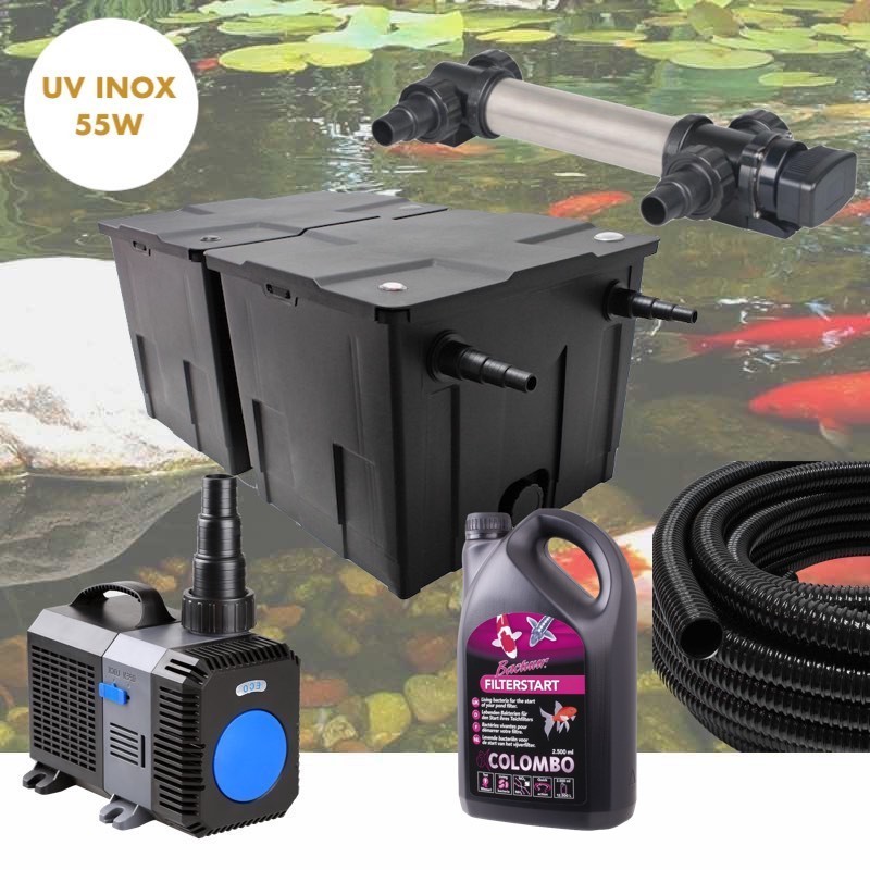Kit De Filtration Complet Avec UV 55W INOX + Bactéries 2500 ml Pour Bassin De Jardin De 30m3