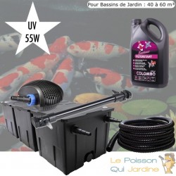 Kit de Filtration complet + Bactéries 2500 ml avec UV 55 W pour bassin de jardin : 40 à 60 m³