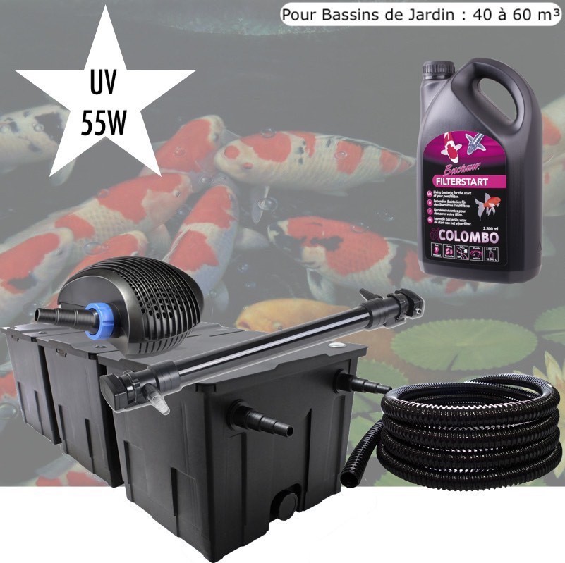 Kit De Filtration, UV 55 W + Bactéries Pour Bassin de Jardin : 40 à 50 m³