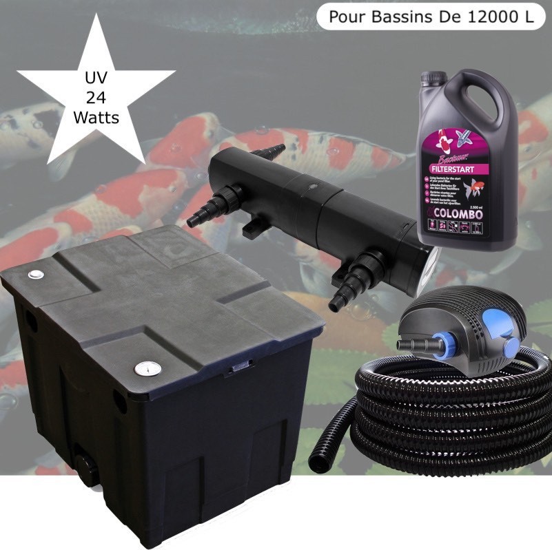 Kit Filtration Complet, UV 24W, + Bactéries 2500 ml Pour Bassins De 12000 L