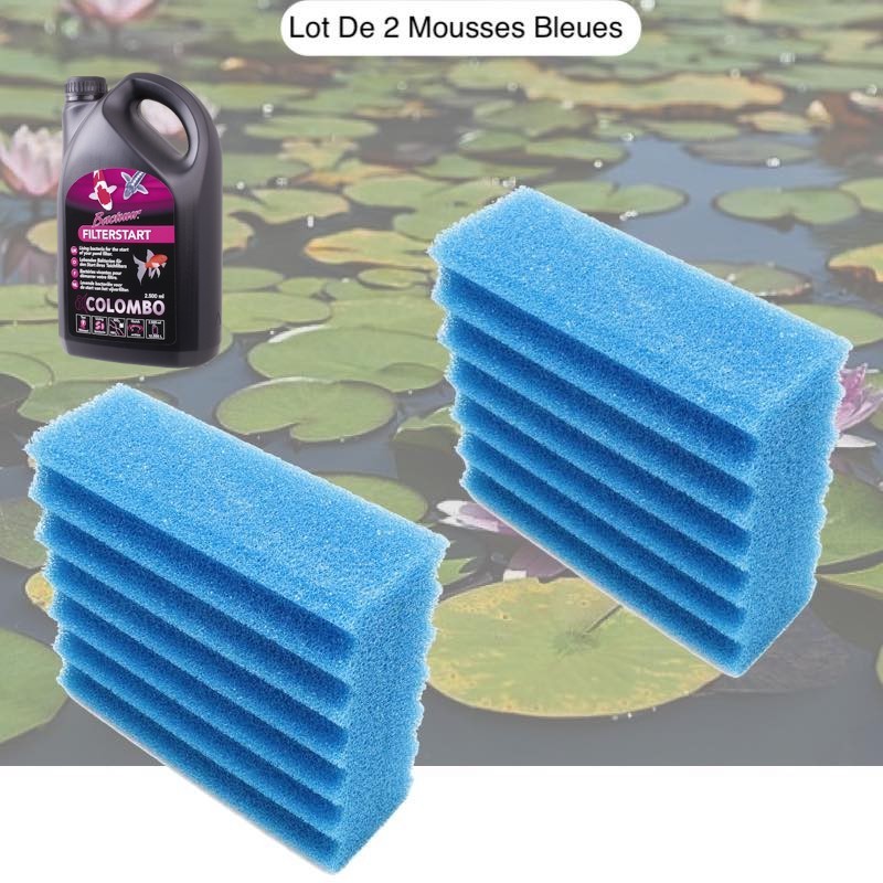 Lot De 2 Mousses Bleues, De Filtration, + bactéries 1000ml De Remplacement, Pour Bassins