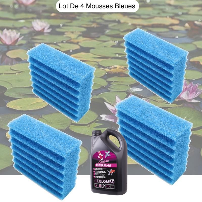 Lot De 4 Mousses Bleues, De Filtration, + bactéries 1000ml De Remplacement, Pour Bassins