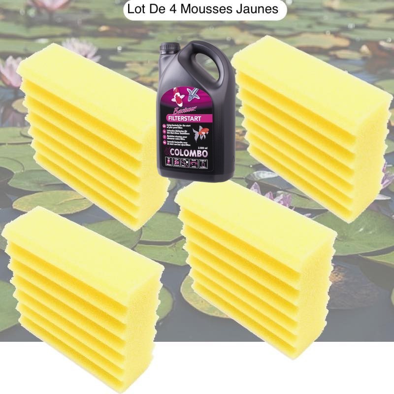 Lot De 4 Mousses De Filtration Jaunes, + bactéries 1000ml De Remplacement Jaune Pour Bassins