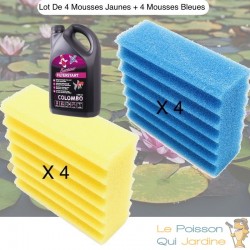 Lot De 4 Mousses Bleues + 4 Mousses Jaunes, + Bactéries 2500 ml De Filtration, De Remplacement,