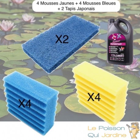 Lot De 4 Mousses De Filtration + Bactéries 2500 ml 4 Jaunes + 4 Bleues + 2 Tapis Japonais, De Remplacement Pour Bassins