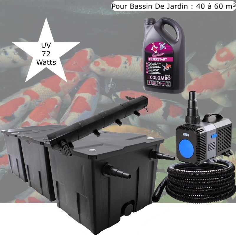Kit de Filtration, UV 72 W, + Bactéries 2500 ml Pompe bassin et Filtre Pour Bassin De Jardin : 40 à 60 m³