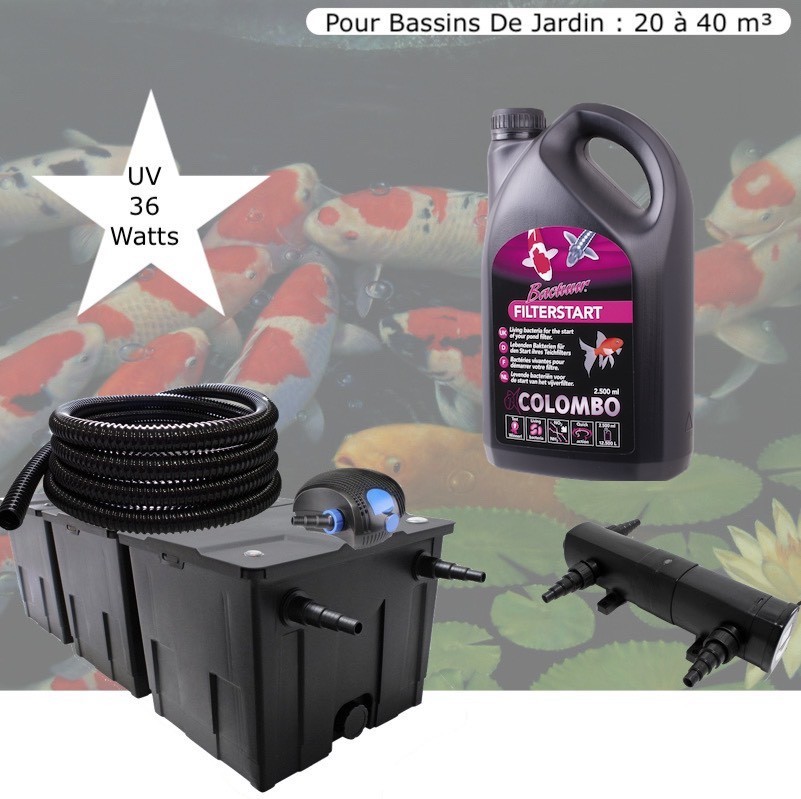 Kit Filtre bassin, Avec UV 36W, + Bactéries 2500 ml Pour Bassin De Jardin : 20 à 40 m³. Tout inclus