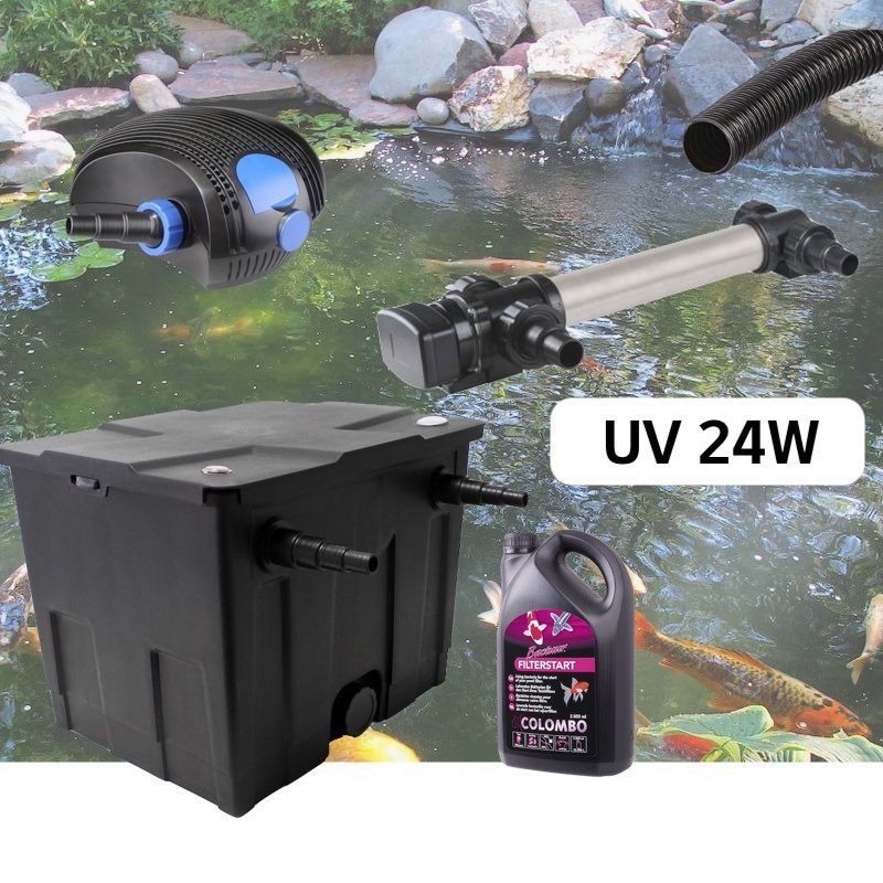 Kit De Filtration, Avec UV 24W Inox,+ Bactéries 2500 ml Pour Bassin De Jardin : 5 à 10 m³