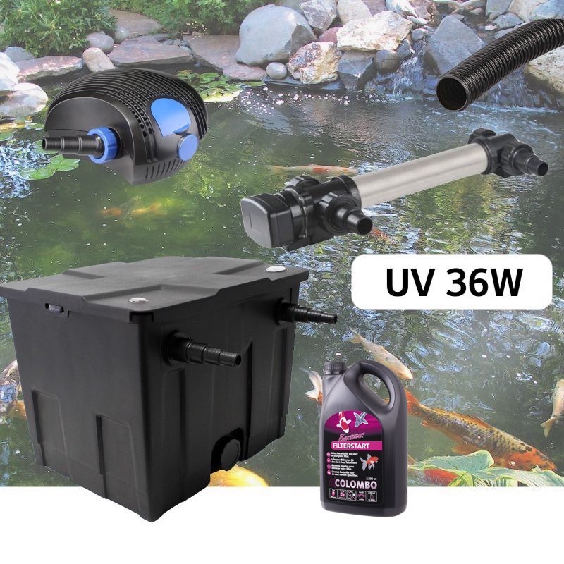 Kit De Filtration, Avec UV 36W Inox, + Bactéries 2500 ml Pour Bassin De Jardin : 5 à 10 m³
