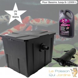 Filtre Bassin + Clarificateur UV Stérilisateur 36W, + Bactéries 2500 ml Bassin De Jardin Jusqu'à 12000 Litres