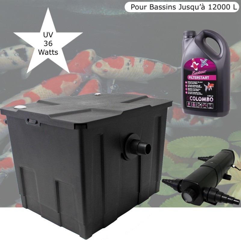 Filtre Bassin + Clarificateur UV Stérilisateur 36W, + Bactéries 2500 ml Bassin De Jardin Jusqu'à 12000 Litres