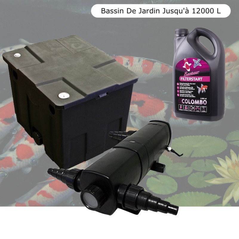 Filtre Bassin + Clarificateur UV Stérilisateur 18W, + Bactéries 2500 ml Bassin De Jardin Jusqu'à 12000 Litres