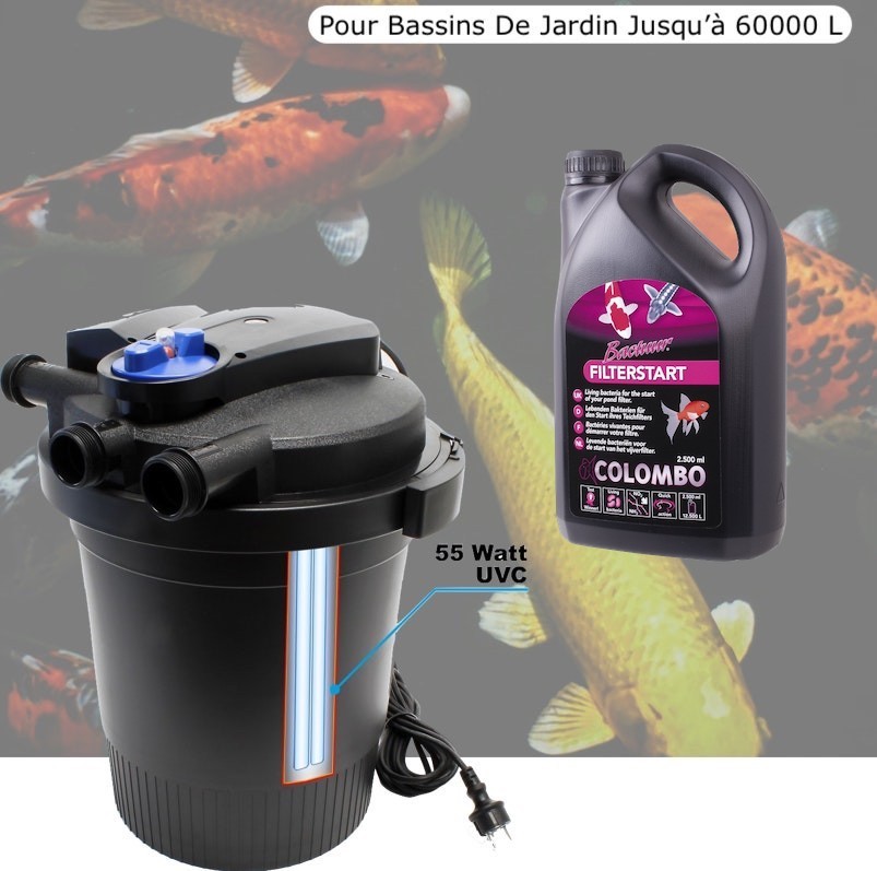 Filtre Bassin De Jardin Sous Pression, UV 55W, + Bactéries 2500 ml Max 50000L, Modèle Haut De Gamme