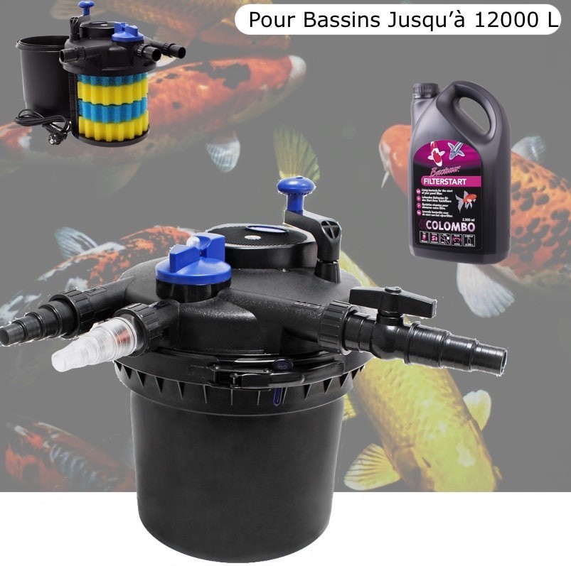 Filtre De Bassins De jardin, Sous Pression, UV 11W, Jusqu'à 12000 Litres + Bactéries 2500 ml