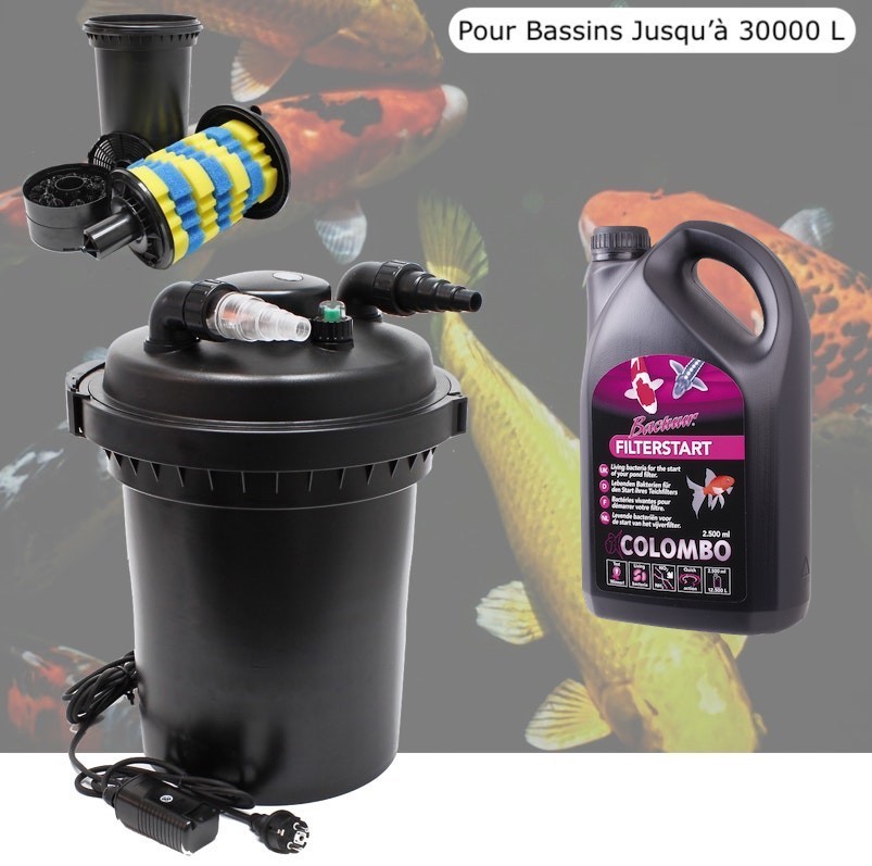 Filtre Bassin De Jardin Sous Pression, UV 18W, Bassins Jusqu'à 30000 Litres + Bactéries 2500 ml