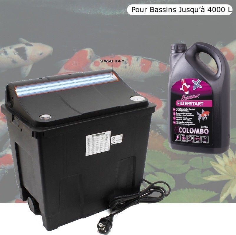 Filtre Bassin + Clarificateur UV Stérilisateur 9W + Bactéries 1000 ml Pour Bassin De Jardin, Jusqu'à 4000 Litres