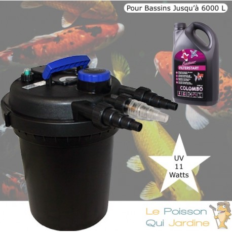 Filtre bassins de jardin sous pression UV 11W jusqu'à 6000 litres + Bactéries 1000 ml