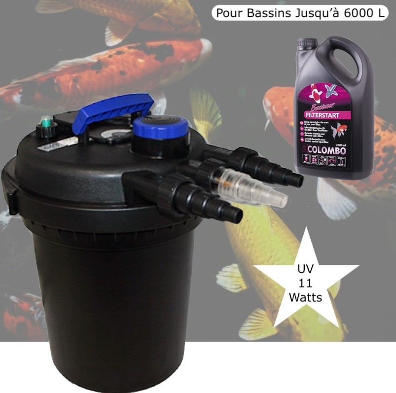 Filtre Bassins De Jardin Sous Pression, UV 11W, Jusqu'à 6000 Litres + Bactéries 1000 ml