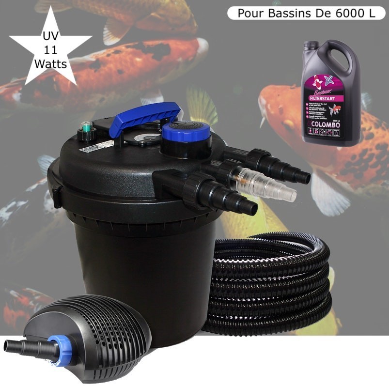 Kit Filtre Pression UV 11W Puissant, Pour Bassins De 6000 L + Bactéries 1000 ml