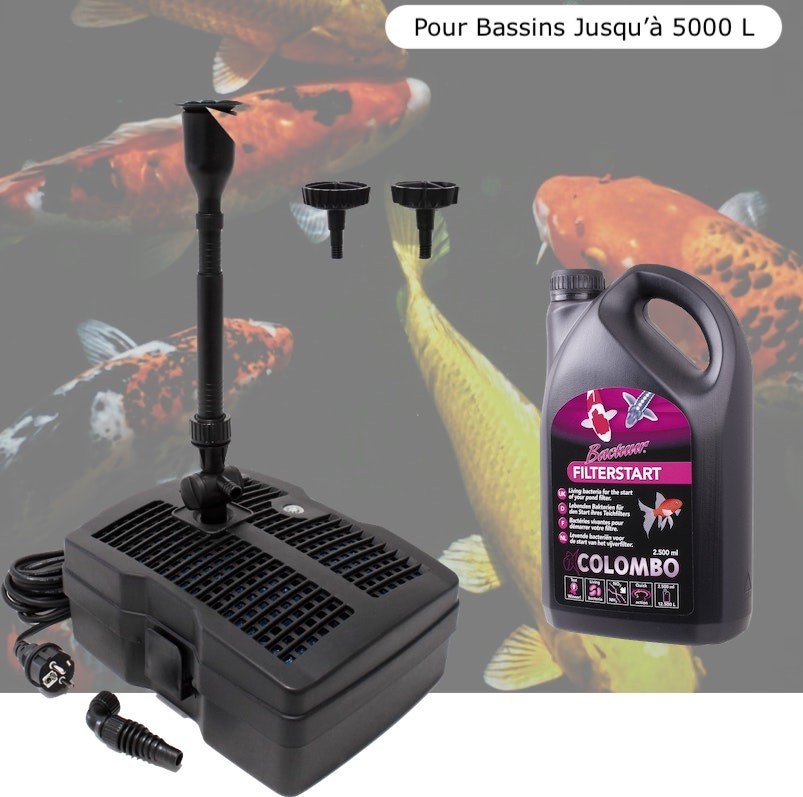 Pompe Filtre + Jets + UV pour Bassin de Jardin Jusqu'à 5000 Litres + Bactéries 1000 ml