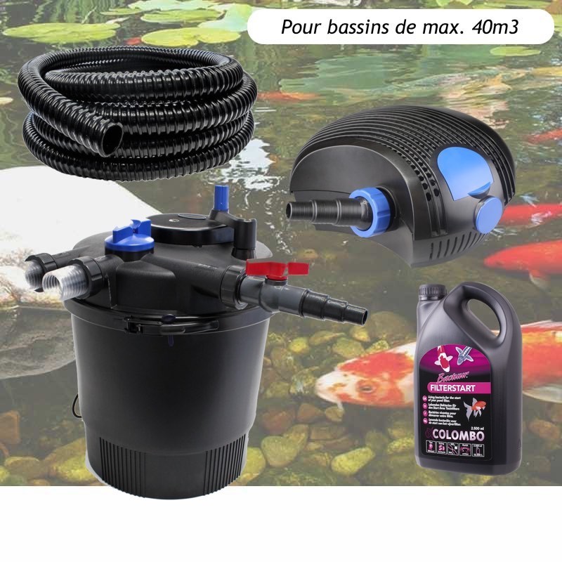 Kit Filtration Pression UV 36W, Pompe, + Bactéries 2500 ml Tuyau Pour Bassins De 40000 L