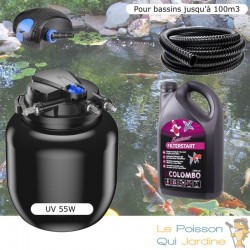 Kit Filtration Pression UV 55W, Pompe, écumeur Tuyau Pour Bassins De 100000 L + Bactéries 2500 ml