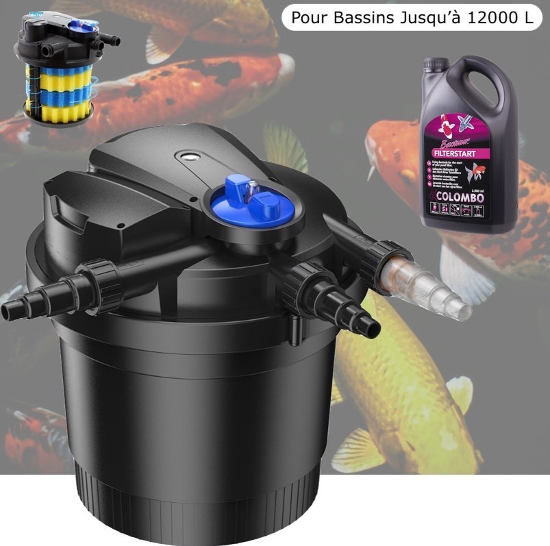 Filtre Bassin De Jardin Sous Pression, UV 11W, Max 12000L, + Bactéries 2500 ml Premium