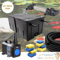 Filtre complet avec UV 24W INOX pour bassin de jardin : 10 à 15 m³ avec poissons + 8 mousses de rechange