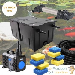 Filtre complet avec UV 36W INOX pour bassin de jardin : 10 à 15 m³ avec poissons + 8 mousses de rechange