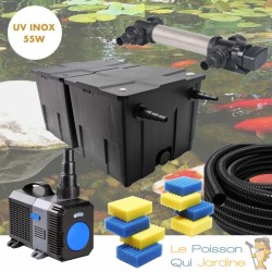 Filtre complet avec UV 55W INOX pour bassin de jardin : 10 à 15 m³ avec poissons + 8 mousses de rechange