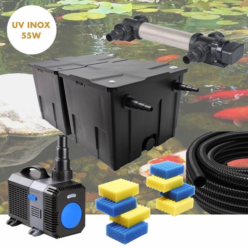 Kit De Filtration UV 55W INOX + 8 mousses de rechange Pour Bassin De Jardin De 30m3