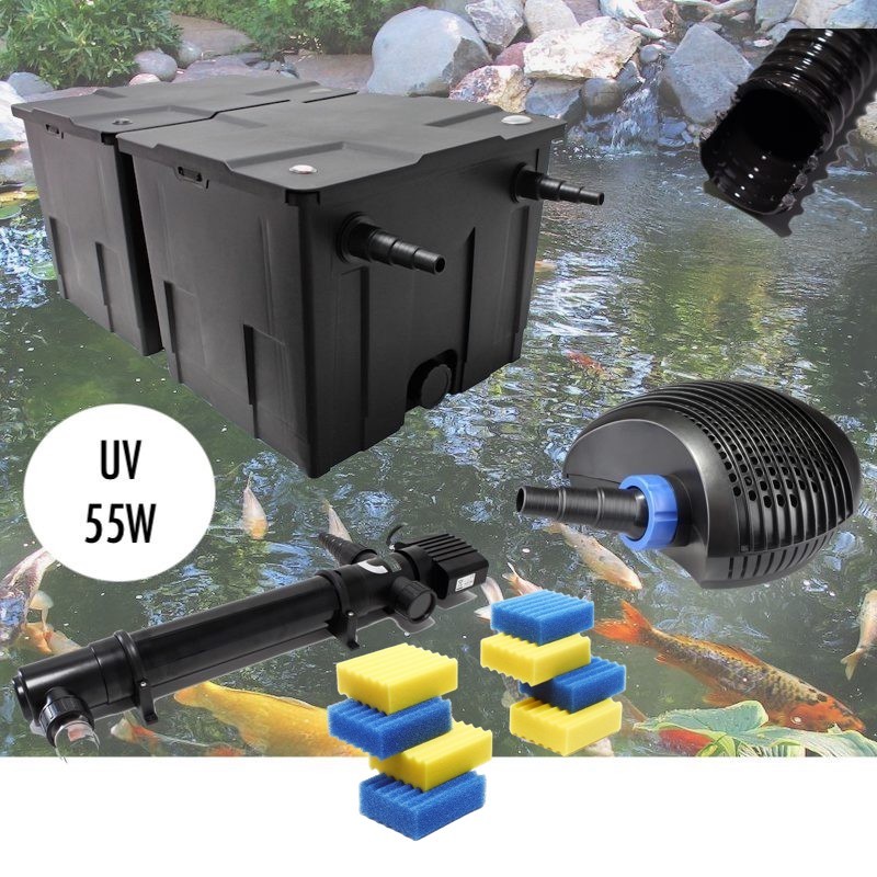 Kit Filtration Bassin UV 55W, + 8 mousses de rechange Pour Bassins De Jardin De 30000 L