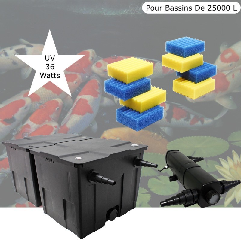 Filtre Bassin + Clarificateur UV Stérilisateur 36W + 8 mousses de rechange, Pour Bassin De Jardin Jusqu'à 30000 Litres