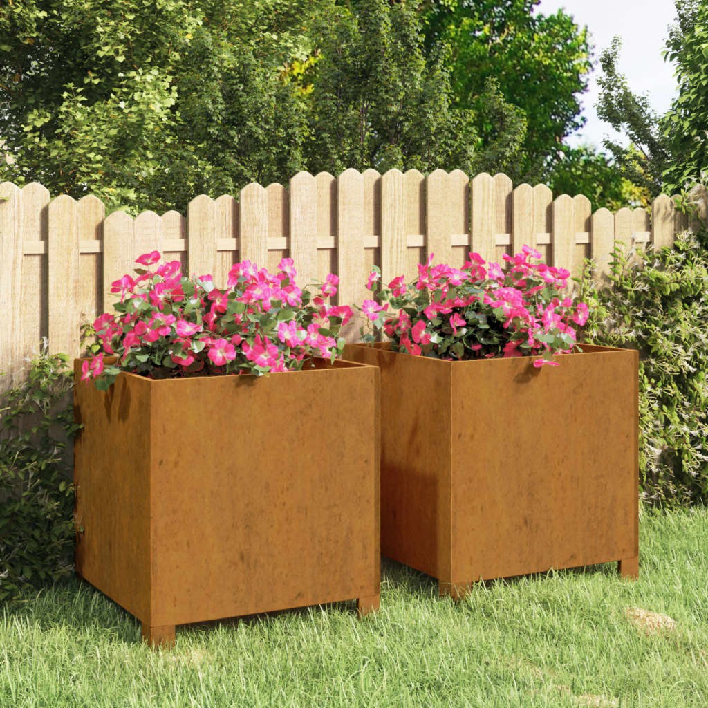 Lot de 2 Jardinières Acier Corten Avec Pieds 42 X 40 X 43 cm. Aspect Rouille, Très tendance. Jardin, Patio, Balcon