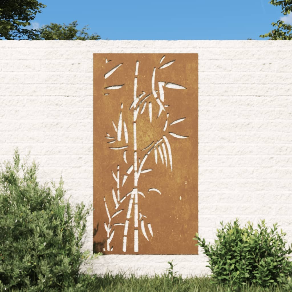 Plaque Tableau Décoration Murale Jardin : Feuilles et Tiges de Bambou. En Corten