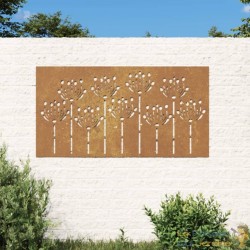 Plaque Tableau Décoration Murale Jardin 105 cm de long: 9 Fleurs. En Corten
