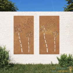 Plaque Tableau Décoration Murale Jardin Diptyque 105 cm de long : 2 Fleurs En Corten