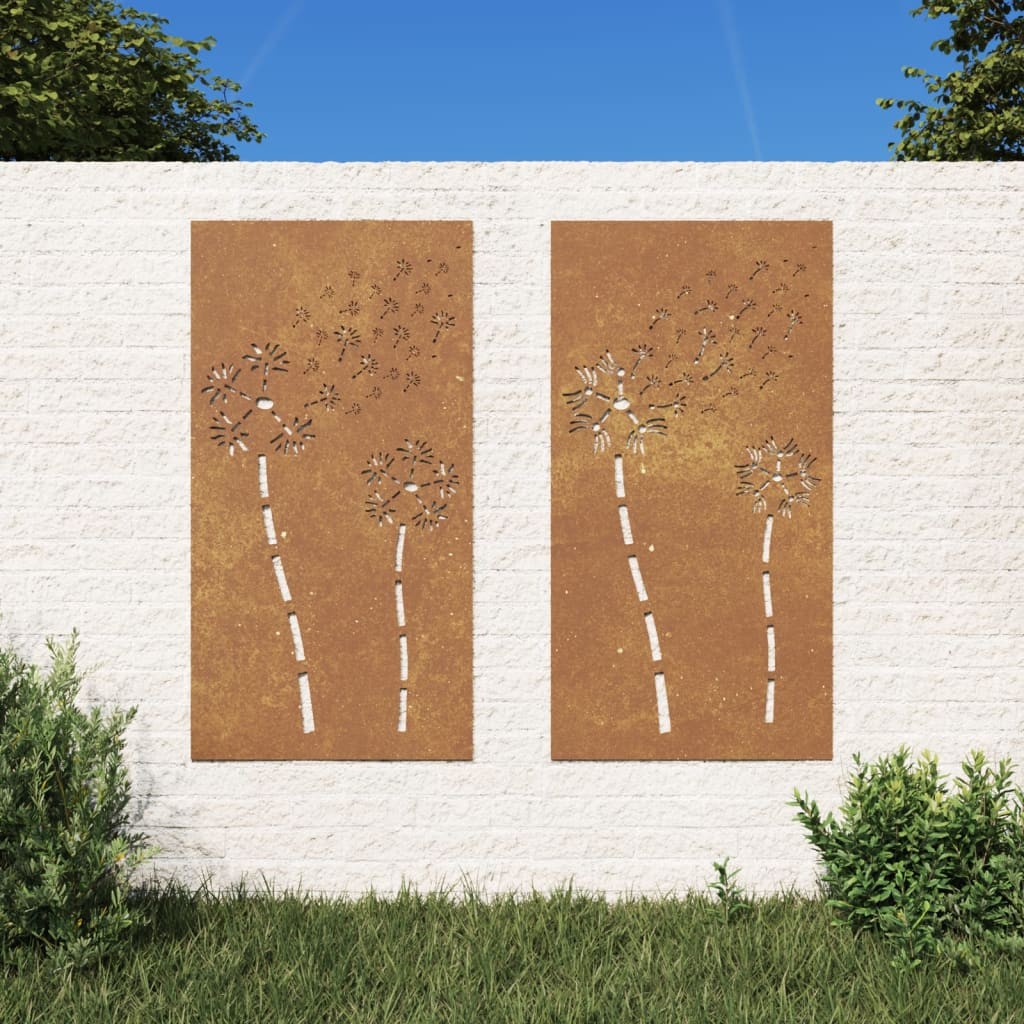 Plaque Tableau Décoration Murale Jardin Diptyque 105 cm de long : 2 Fleurs En Corten