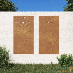 Plaque Tableau Décoration Murale Jardin Diptyque 105 cm de long : Fines Fleurs En Corten