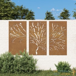 Plaque Tableau Décoration Murale Jardin triptyque 105 cm de long : Arbre En Corten