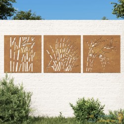 Plaque Tableau Décoration Murale Jardin triptyque 55 cm de long : Herbes En Corten