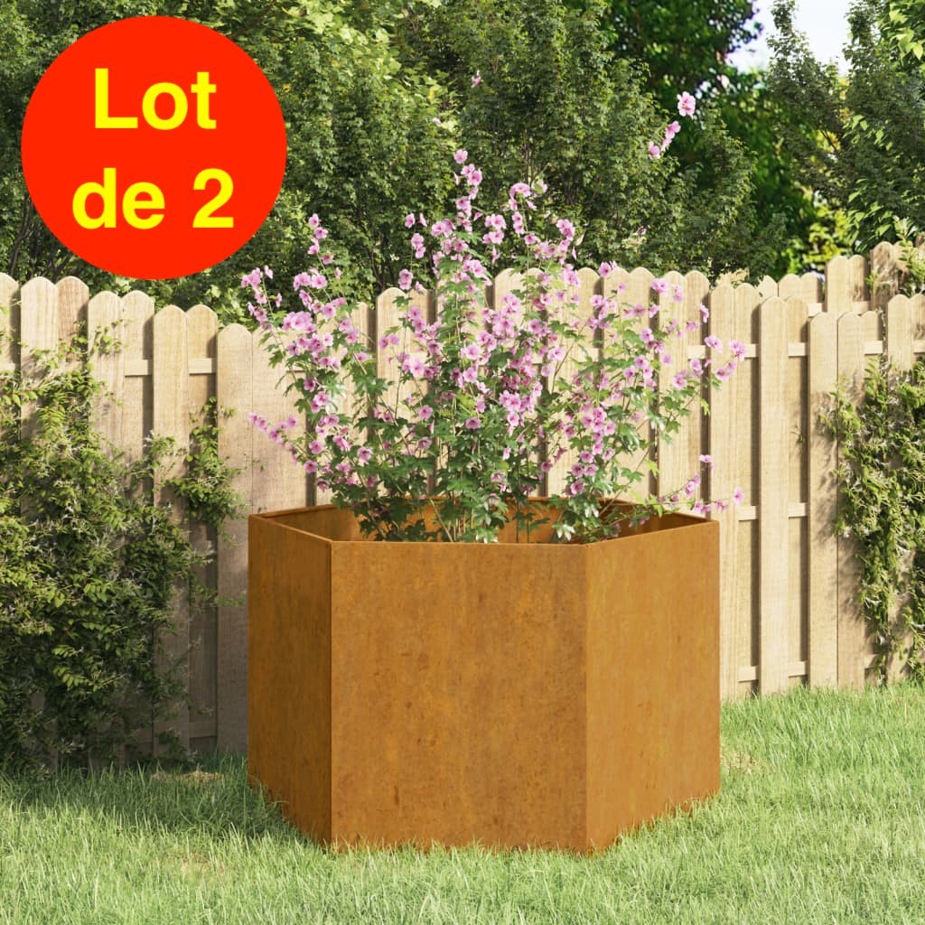 Lot de 2 Jardinières Acier Corten Hexagonale 60 X 60 X 45 cm. Aspect Rouille, Très tendance. Jardin, Patio, Balcon
