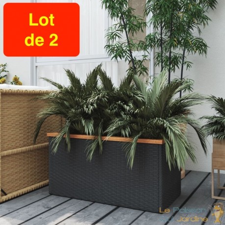 Lot de 2 Jardinières Polyrotin Noir 80 X 40 X 40 cm. Aspect Résine tressée, Très tendance. Jardin, Patio, Balcon