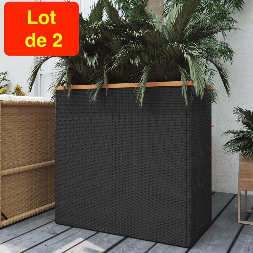 Lot de 2 Jardinières Polyrotin Noir 80 X 40 X 80 cm. Aspect Résine tressée, Très tendance. Jardin, Patio, Balcon