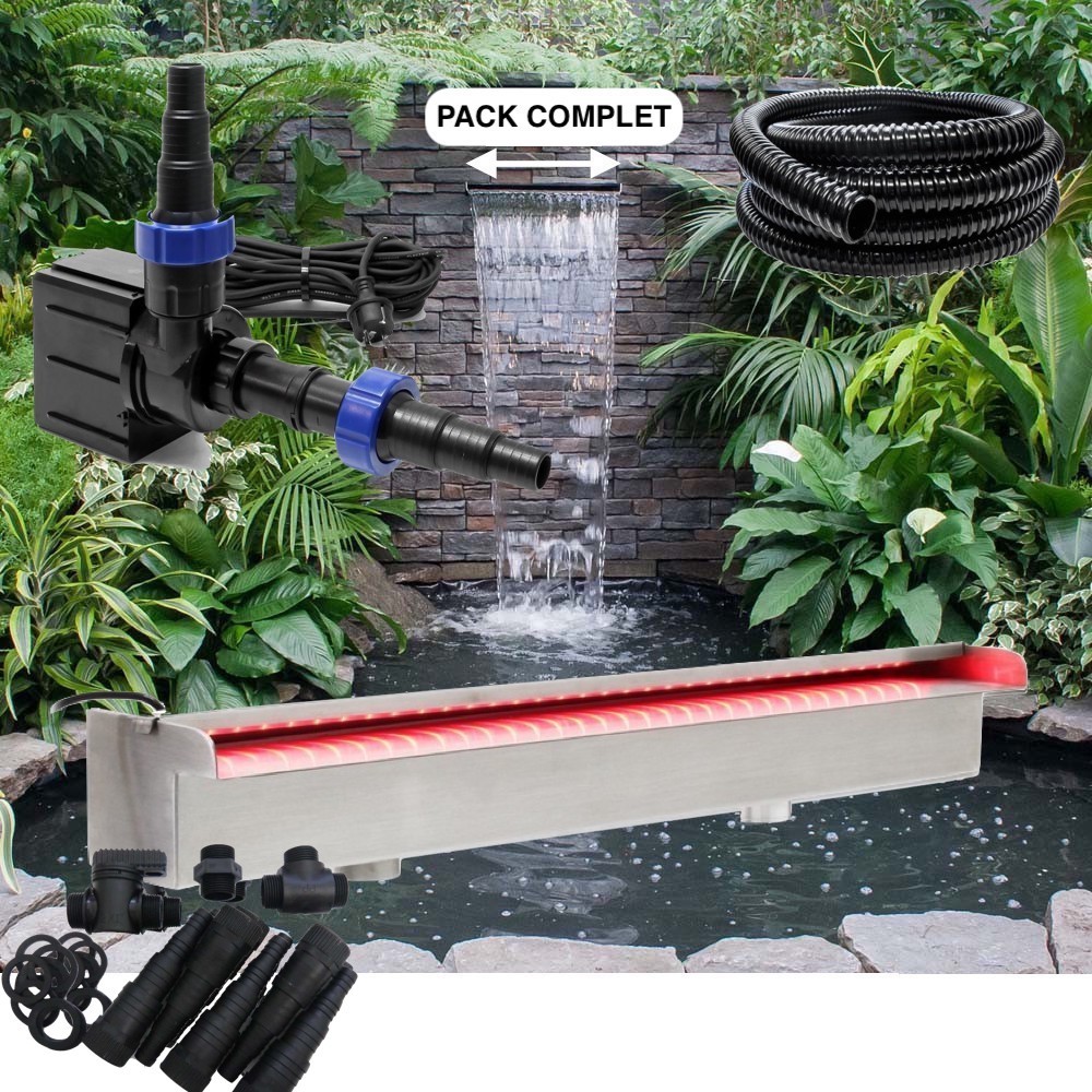 Pack Complet Cascade - Lame D'Eau 120 cm Inox + éclairage LED , Pompe, Tuyau, Connecteurs Bassins de jardin et piscines