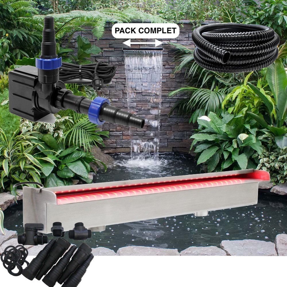 Pack Complet Cascade - Lame D'Eau 150 cm Inox + LED , Pompe, Tuyau, Connecteurs Bassins de jardin et piscines