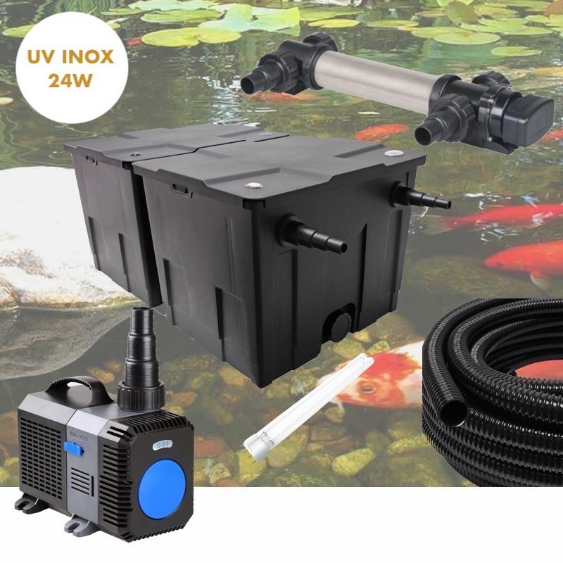 Kit De Filtration Complet Avec UV 24W INOX + ampoule supplémentaire Pour Bassin De Jardin De 15 m3 avec poissons